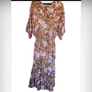 Code X Mode Chic Floral Midi Dress in Brown and Green